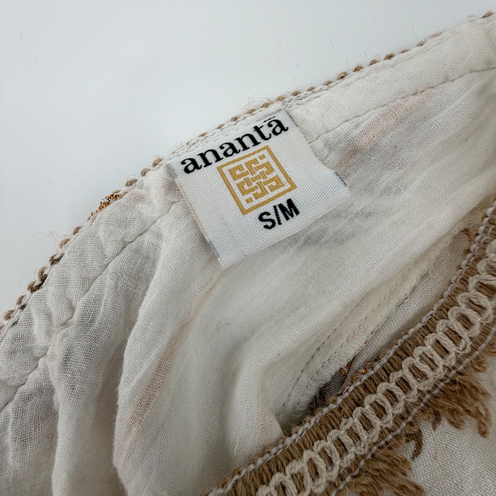 Ananta White‎ Gold Metallic Lurex Embroidered Boho Mini Dress S/M V-Neck Tassel - Picture 4 of 6